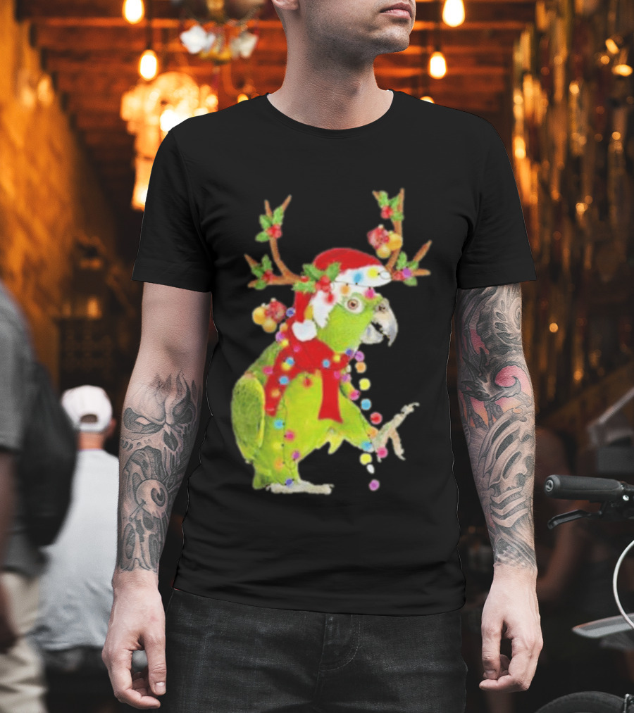 Festive Parrot Wearing Santa Hat And Reindeer Antlers T-Shirt