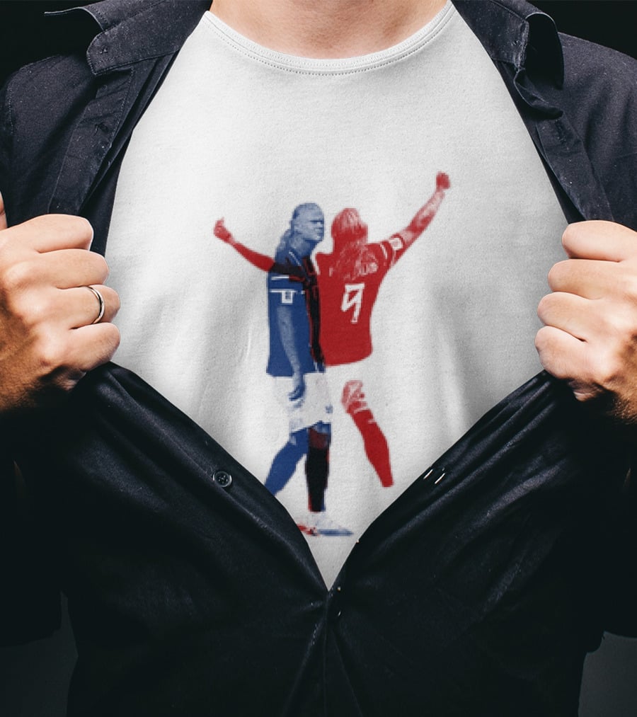 Erling Haaland Norway National Team Halftone Collage Blue And Red Number 9 T-Shirt