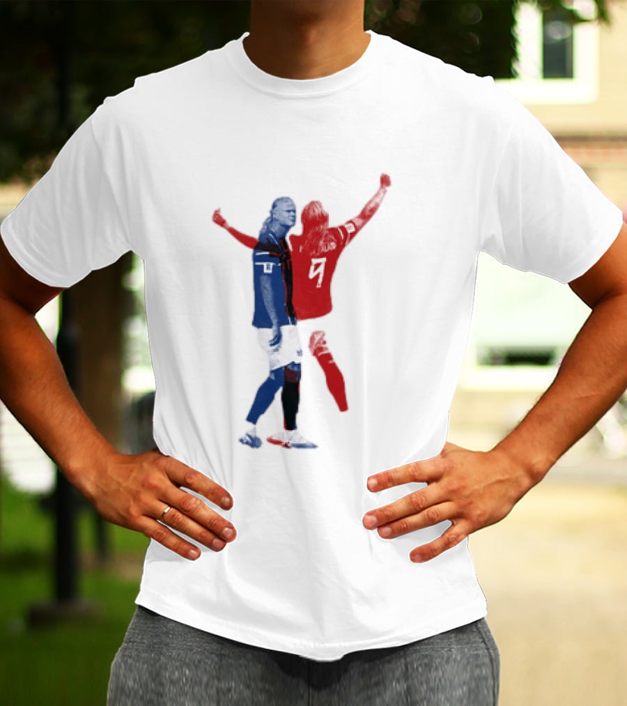 Erling Haaland Norway National Team Halftone Collage Blue And Red Number 9 T-Shirt