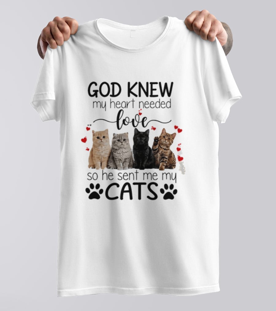 God Knew My Heart Needed Love So He Sent Me My Cats Cute Feline Companions With Paw Prints And Hearts T-Shirt
