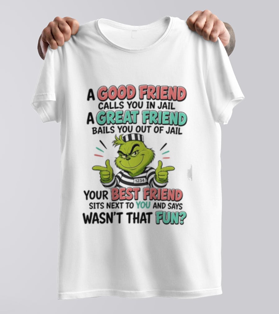 Grinch A Good Friend Calls You In Jail A Great Friend Bails You Out Your Best Friend Sits Next To You And Says Wasn't That Fun T-Shirt
