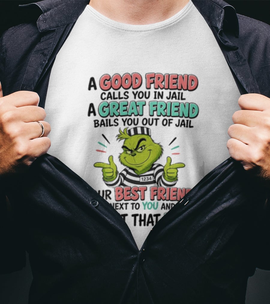 Grinch A Good Friend Calls You In Jail A Great Friend Bails You Out Your Best Friend Sits Next To You And Says Wasn't That Fun T-Shirt