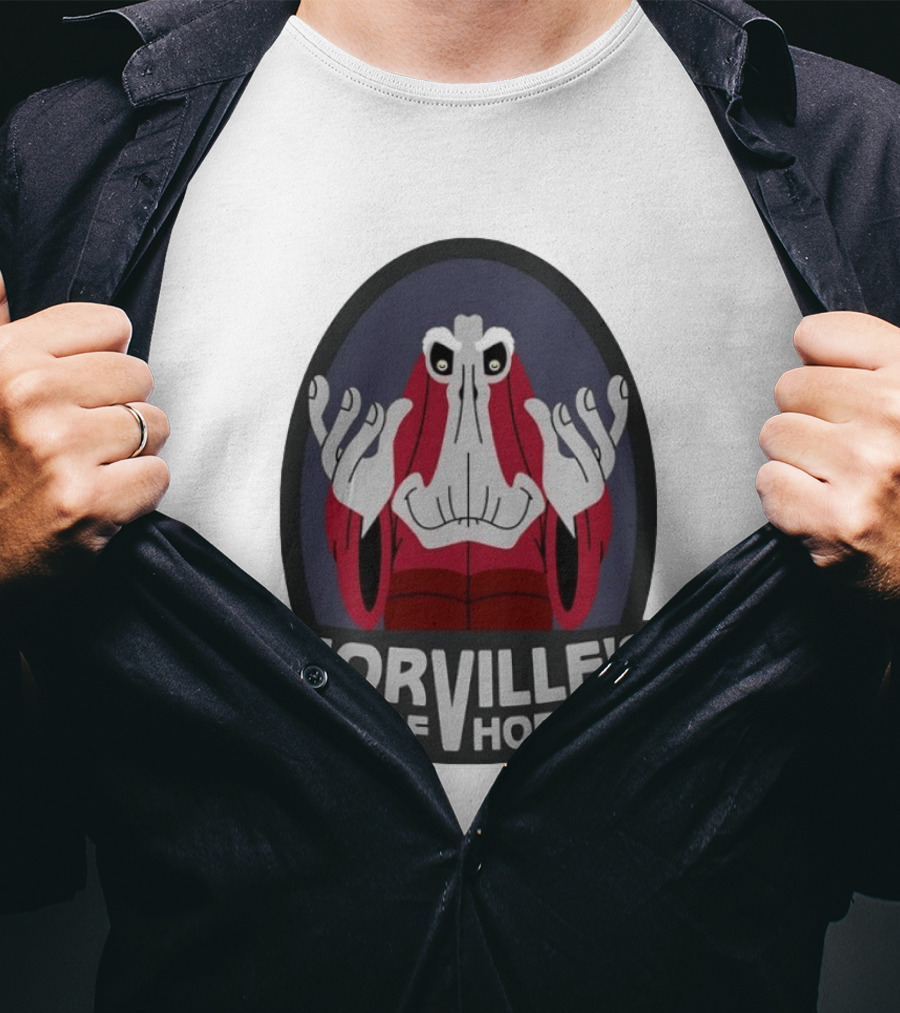 Horville's Hut Of Horrors Angry Red Clad Monster With Creepy Hands T-Shirt