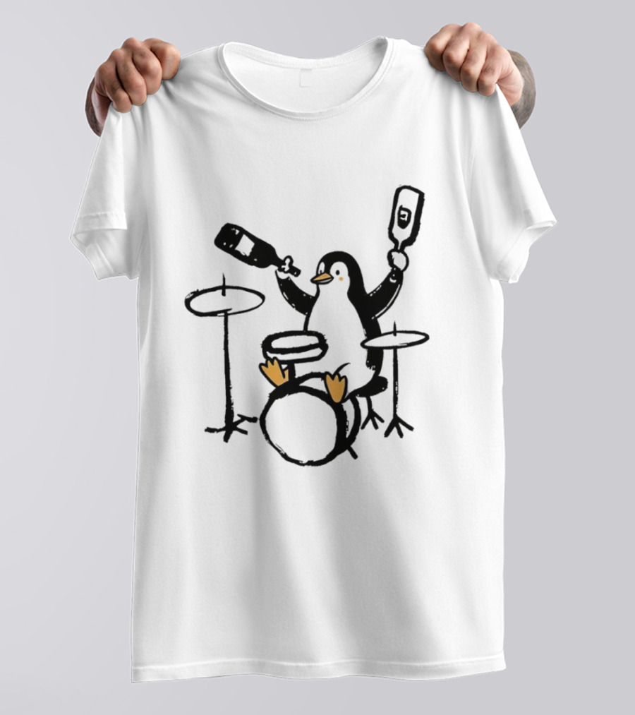 Penguin Playing Drums Drinking Wine With Bottle T-Shirt