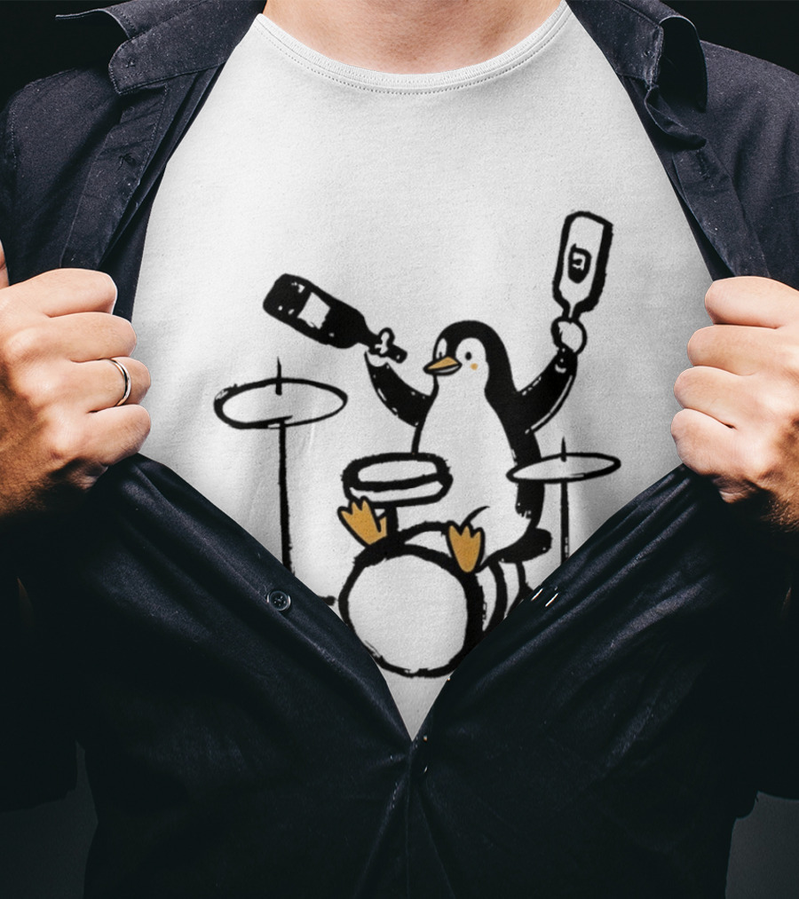 Penguin Playing Drums Drinking Wine With Bottle T-Shirt
