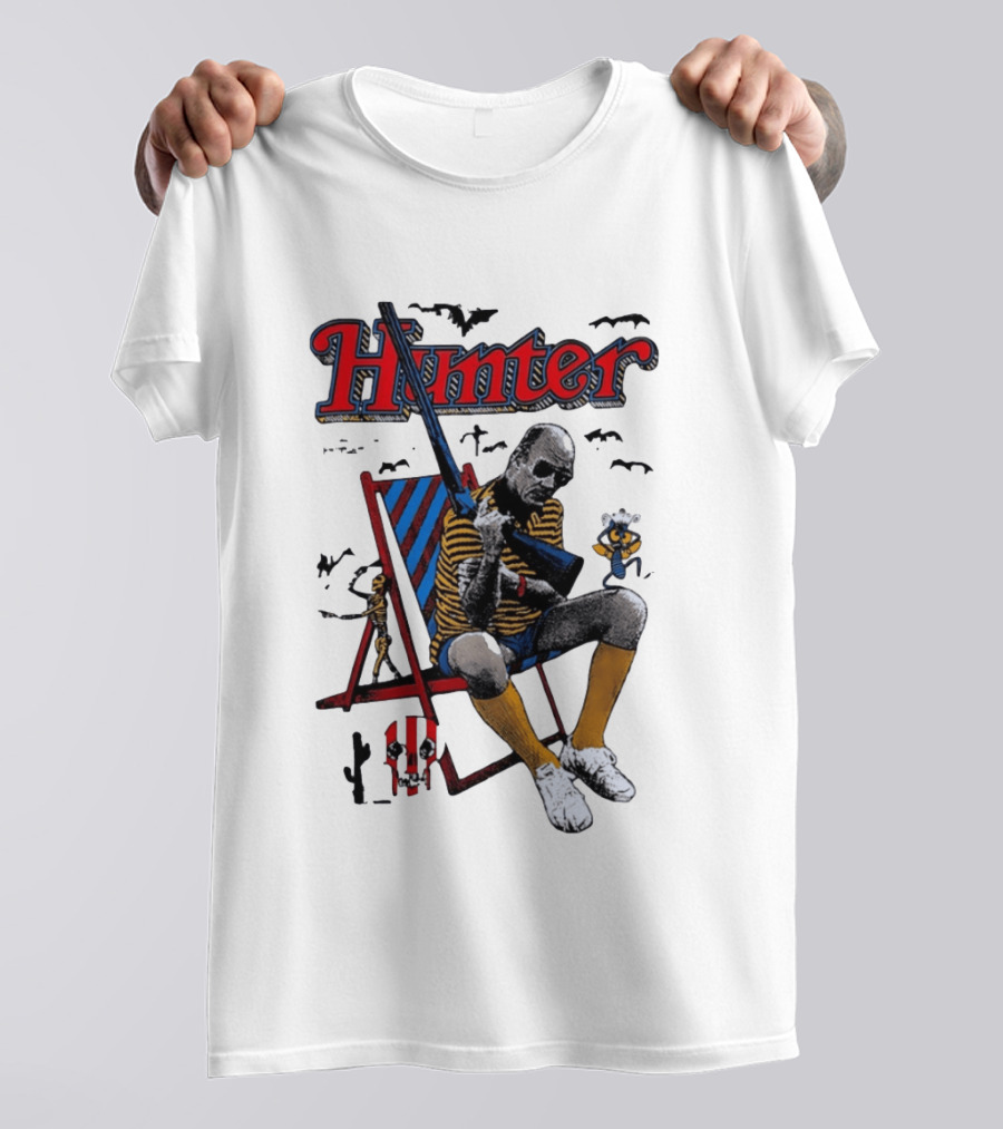 Hunter July 18 1937 February 20 2005 Man Holding Rifle Striped Chair Yellow Socks T-Shirt