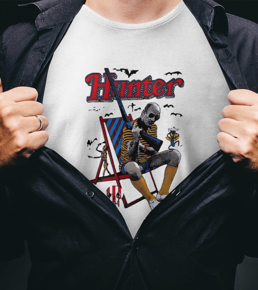 Hunter July 18 1937 February 20 2005 Man Holding Rifle Striped Chair Yellow Socks T-Shirt