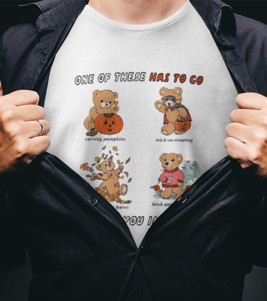 Teddy Bear One Of These Has To Go Autumn Activities Pumpkin Raking Eating Leaves Trick Or Treating T-Shirt