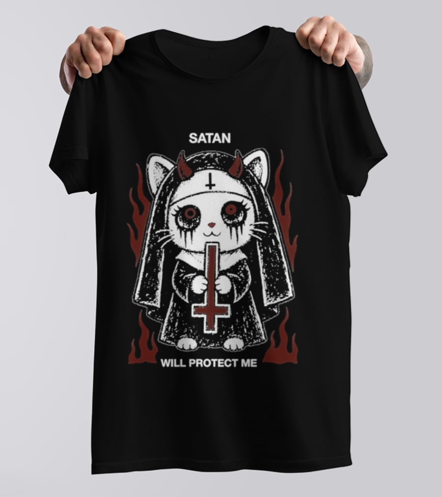 Satan Will Protect Me Goth Cat Nun Dark Aesthetic Devil Horns Fiery Flames T-Shirt
