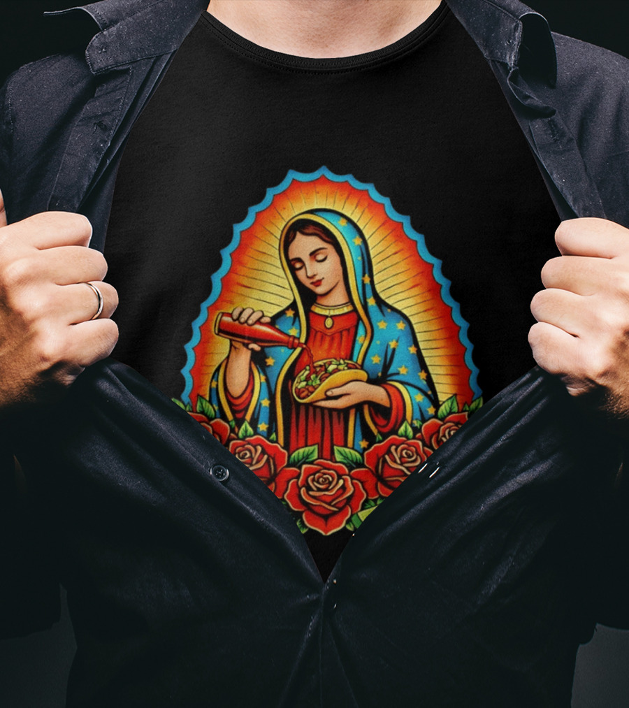 Virgen Maria With Taco And Hot Sauce Surrounded By Roses And Lime Slices T-Shirt