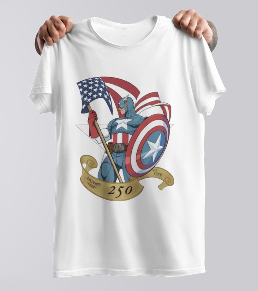 Captain America Marvel 250 E Pluribus Unum EST 1776 Patriotic Hero Shield American Flag T-Shirt