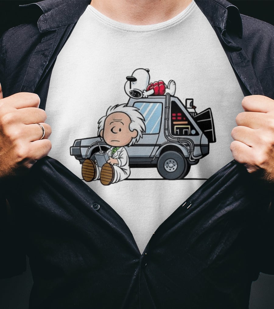 Doc Brown Snoopy Back To The Future Delorean Time Machine Cartoon Mashup T-Shirt