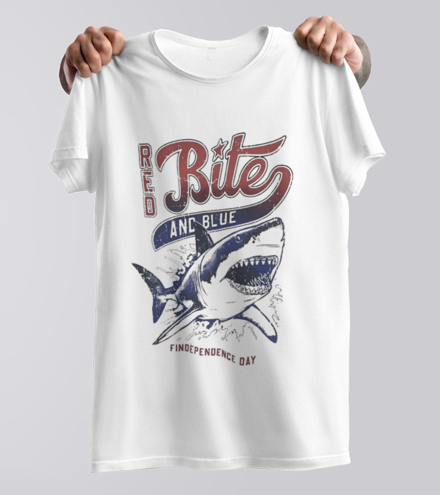 Red Bite And Blue Shark Findependence Day T-Shirt