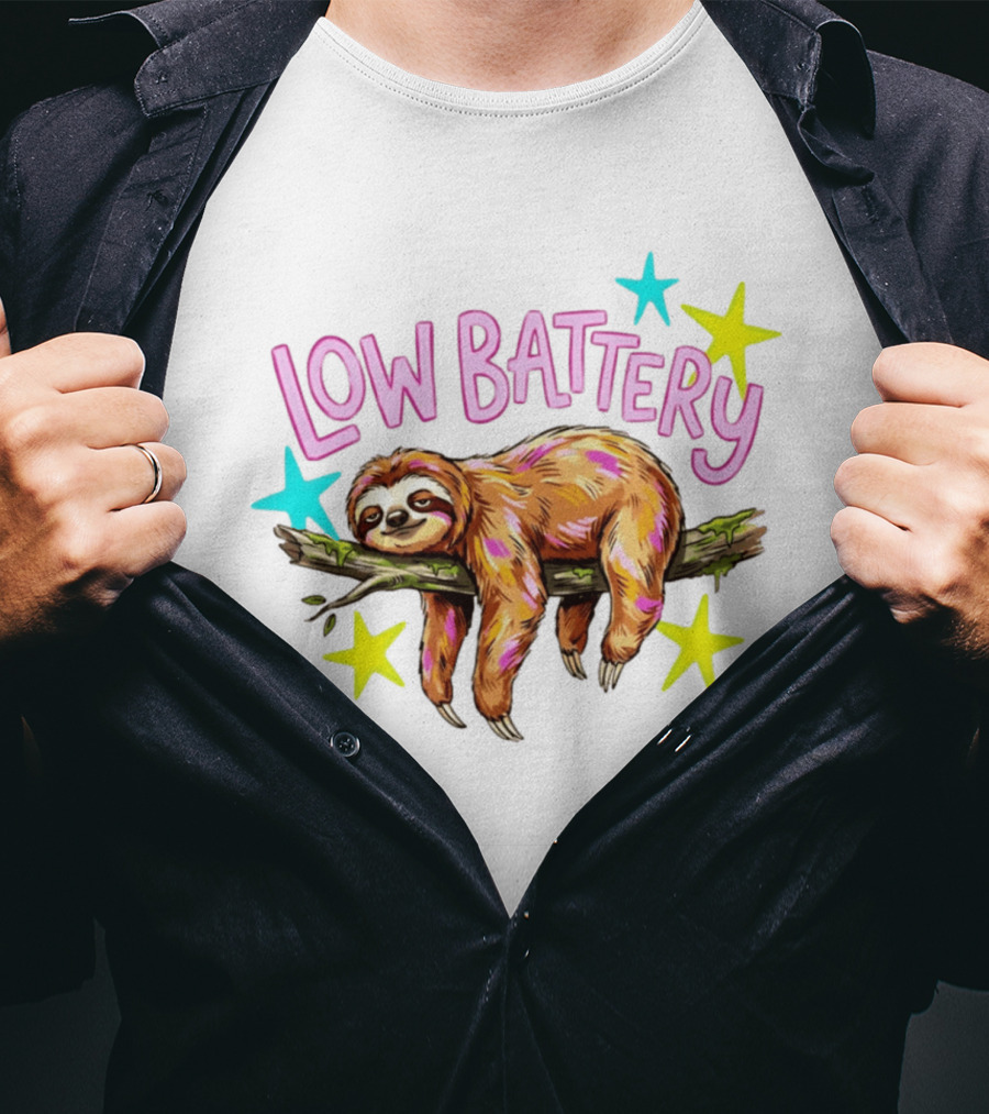Lazy Sloth Low Battery Tired Animal With Colorful Stars T-Shirt