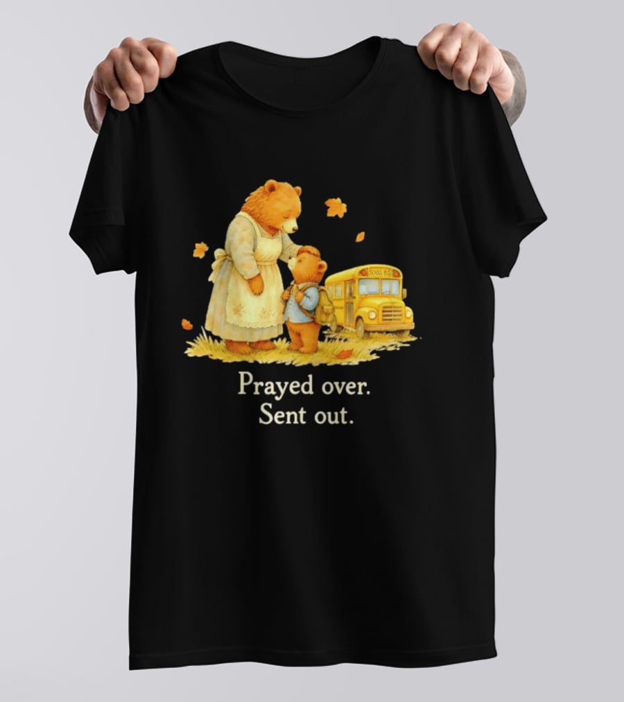 Mama Bear And Cub School Bus Prayed Over Sent Out Back To School Autumn Scene T-Shirt
