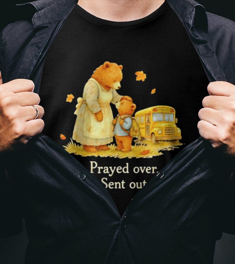 Mama Bear And Cub School Bus Prayed Over Sent Out Back To School Autumn Scene T-Shirt