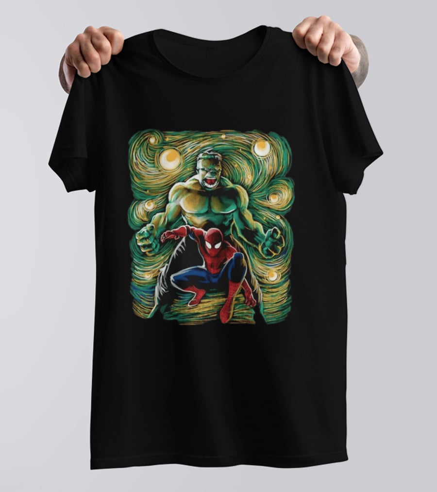 Hulk And Spider Man Marvel Comics Starry Night Sky Superhero Collaboration T-Shirt