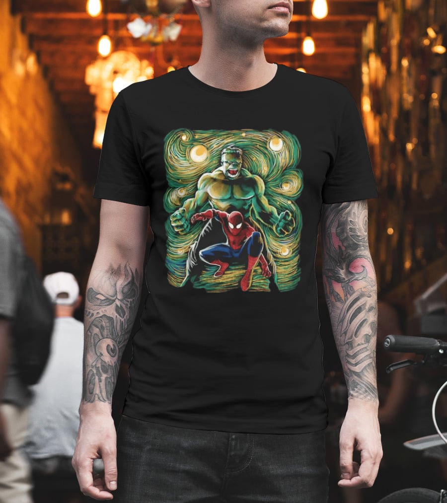 Hulk And Spider Man Marvel Comics Starry Night Sky Superhero Collaboration T-Shirt