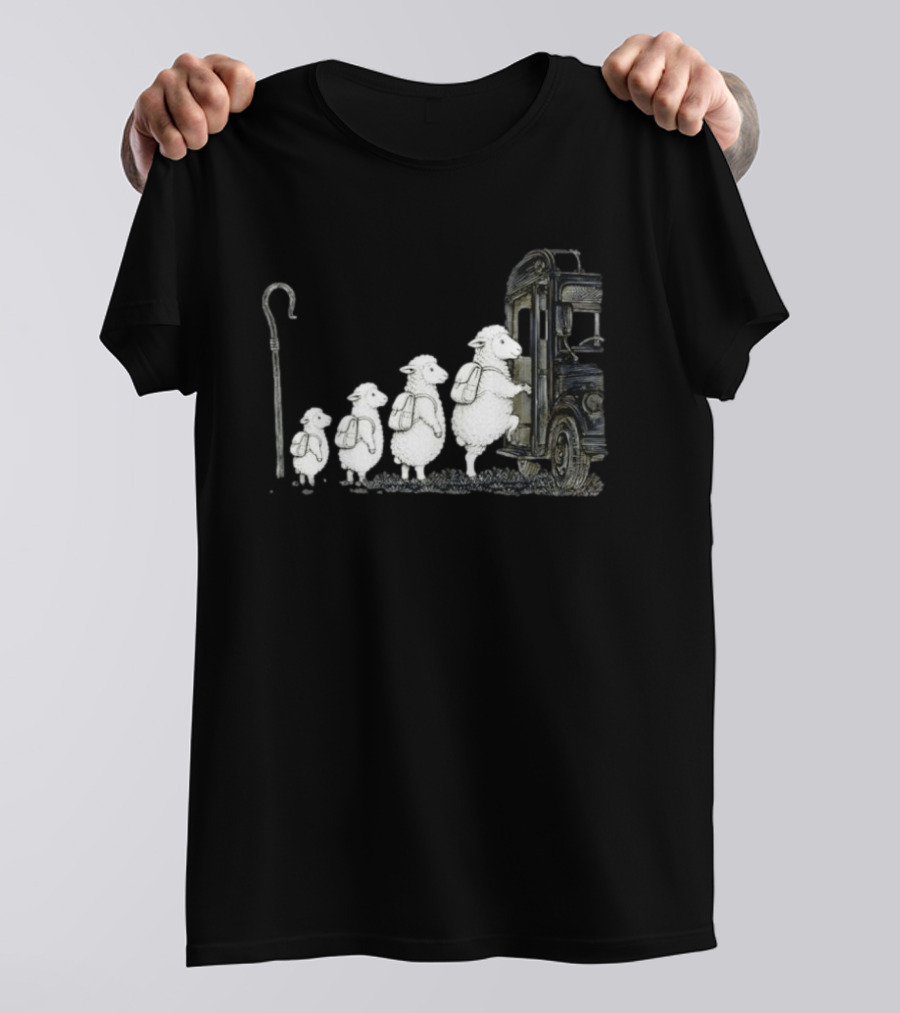 Sheep Boarding School Bus With Shepherd Staff Learning Journey T-Shirt