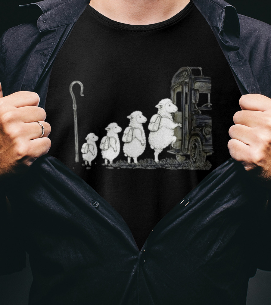 Sheep Boarding School Bus With Shepherd Staff Learning Journey T-Shirt