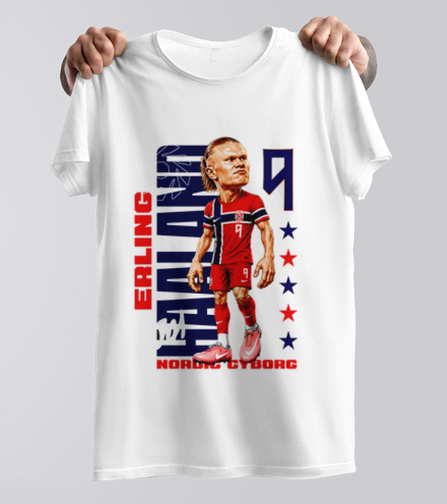 Erling Haaland No 9 Nordic Cyborg Stars And Stripes Caricature T-Shirt