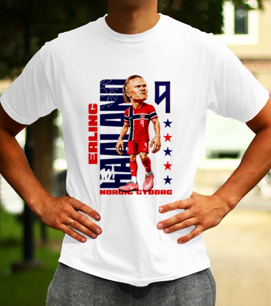Erling Haaland No 9 Nordic Cyborg Stars And Stripes Caricature T-Shirt