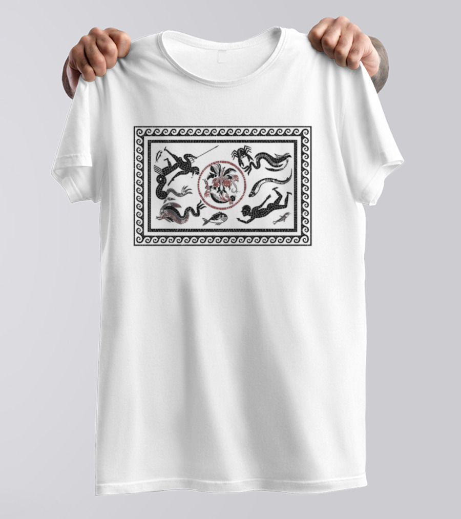 Roman Mosaic Mythological Ocean Marine Life Neptune Trident Creatures T-Shirt
