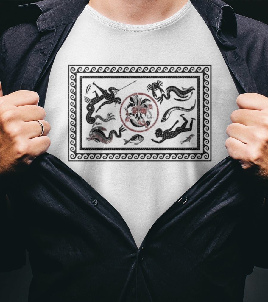 Roman Mosaic Mythological Ocean Marine Life Neptune Trident Creatures T-Shirt