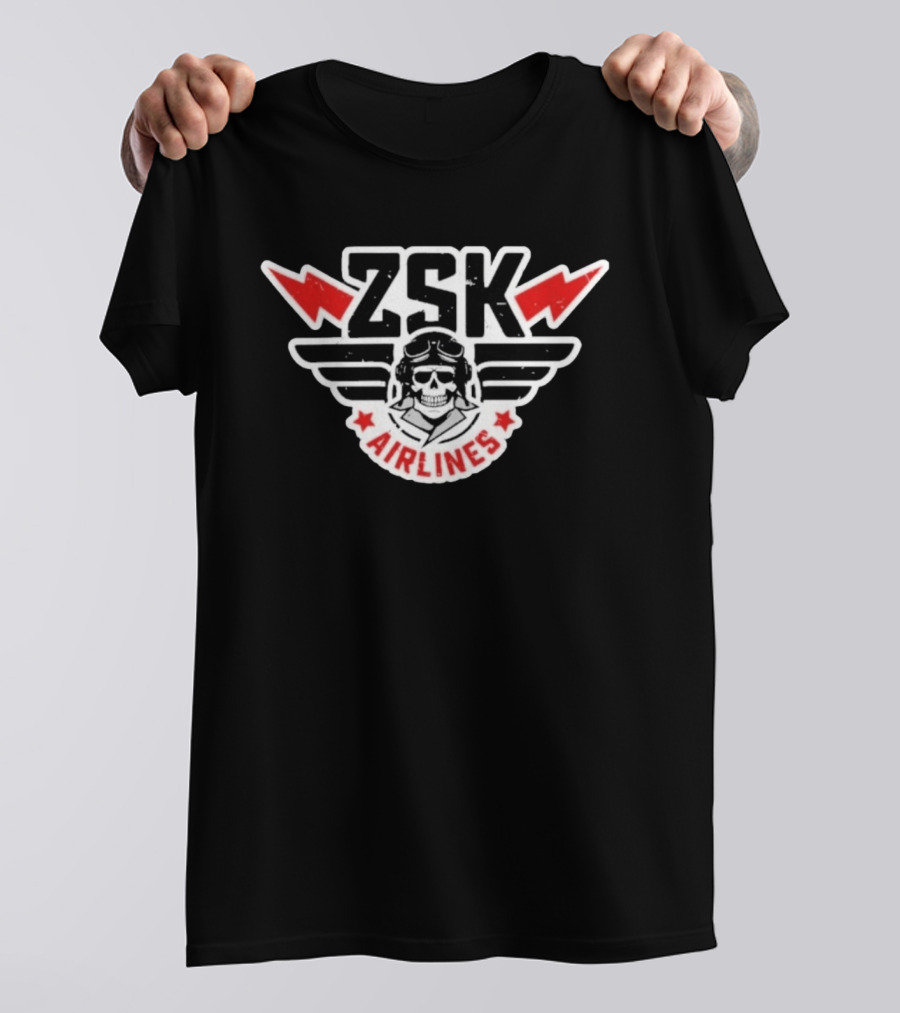 ZSK Airlines Skull Pilot Wings With Red Lightning Bolts And Stars T-Shirt