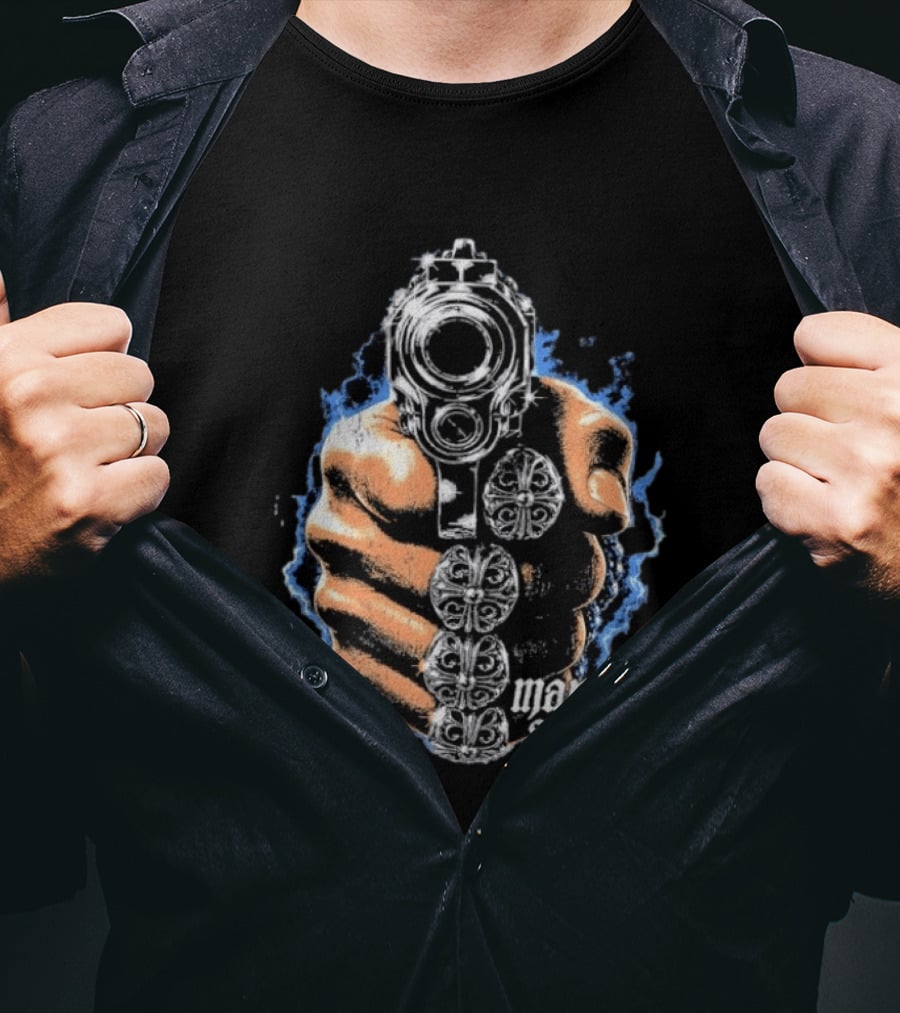 Maniac State Handgun Fist Chrome Cross Rings T-Shirt