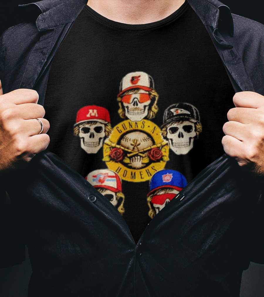 Gunns N Homers Baseball Skull Mashup With Five Caps T-Shirt