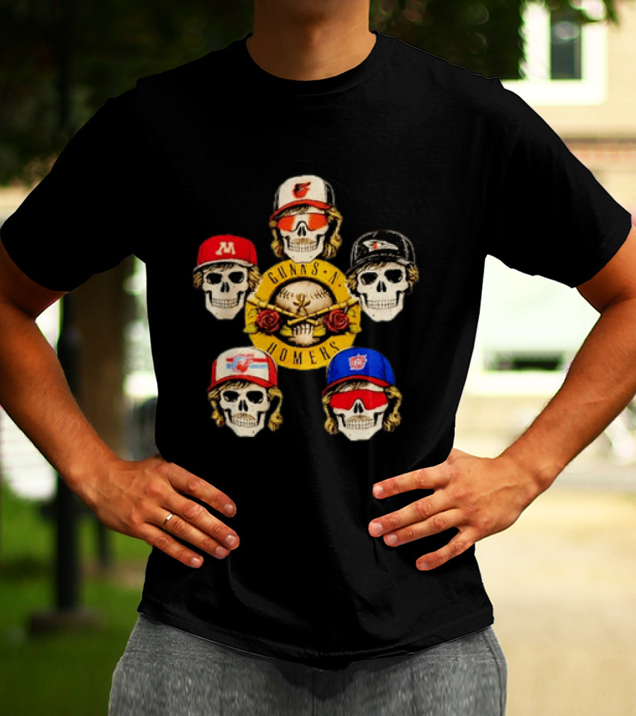 Gunns N Homers Baseball Skull Mashup With Five Caps T-Shirt