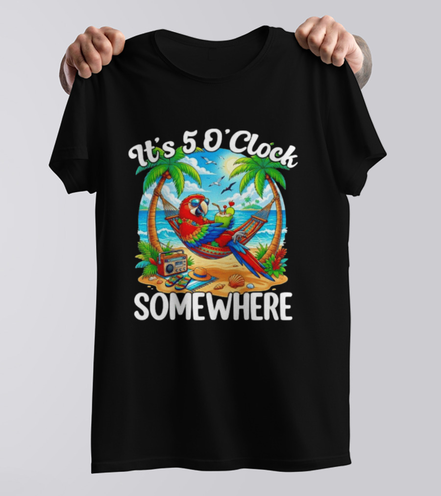 Parrot Relaxing In Hammock On Tropical Beach With It's 5 O' Somewhere Vibe T-Shirt