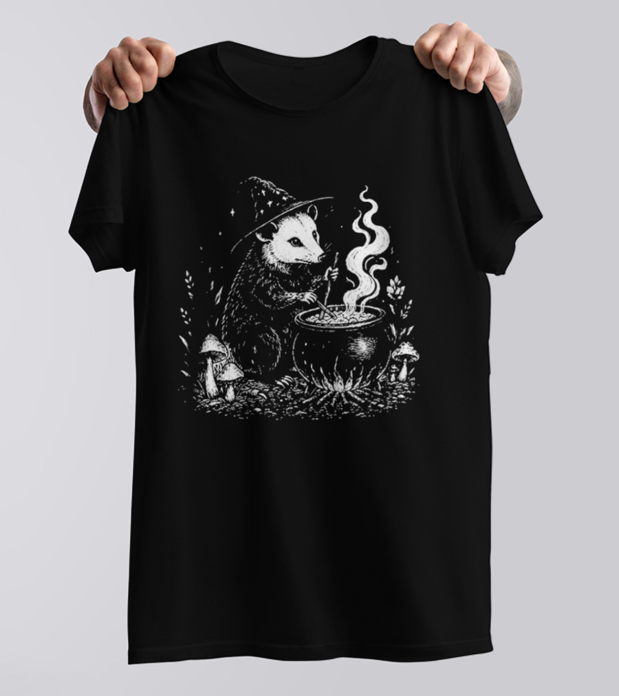 Witch Opossum Stirring Cauldron Surrounded By Mushrooms T-Shirt