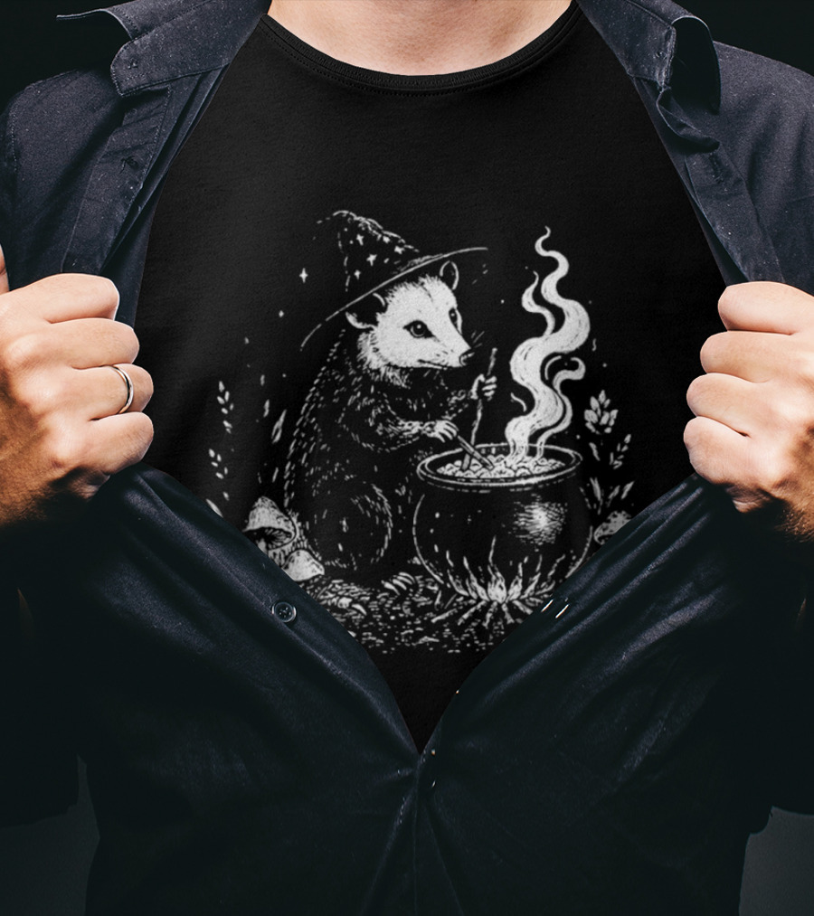 Witch Opossum Stirring Cauldron Surrounded By Mushrooms T-Shirt