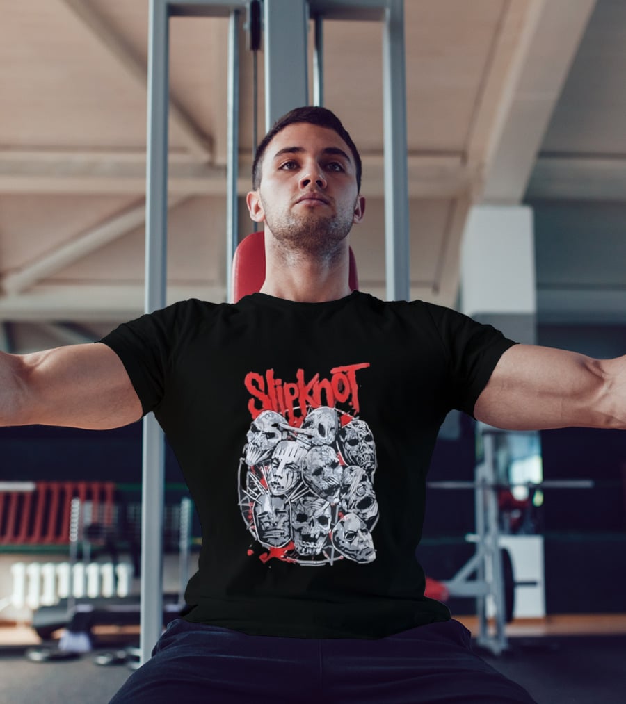 Slipknot Mask Collection With Band Name In Red T-Shirt