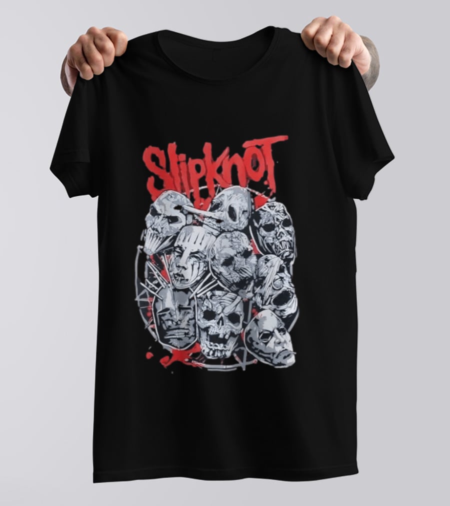 Slipknot Mask Collection With Band Name In Red T-Shirt
