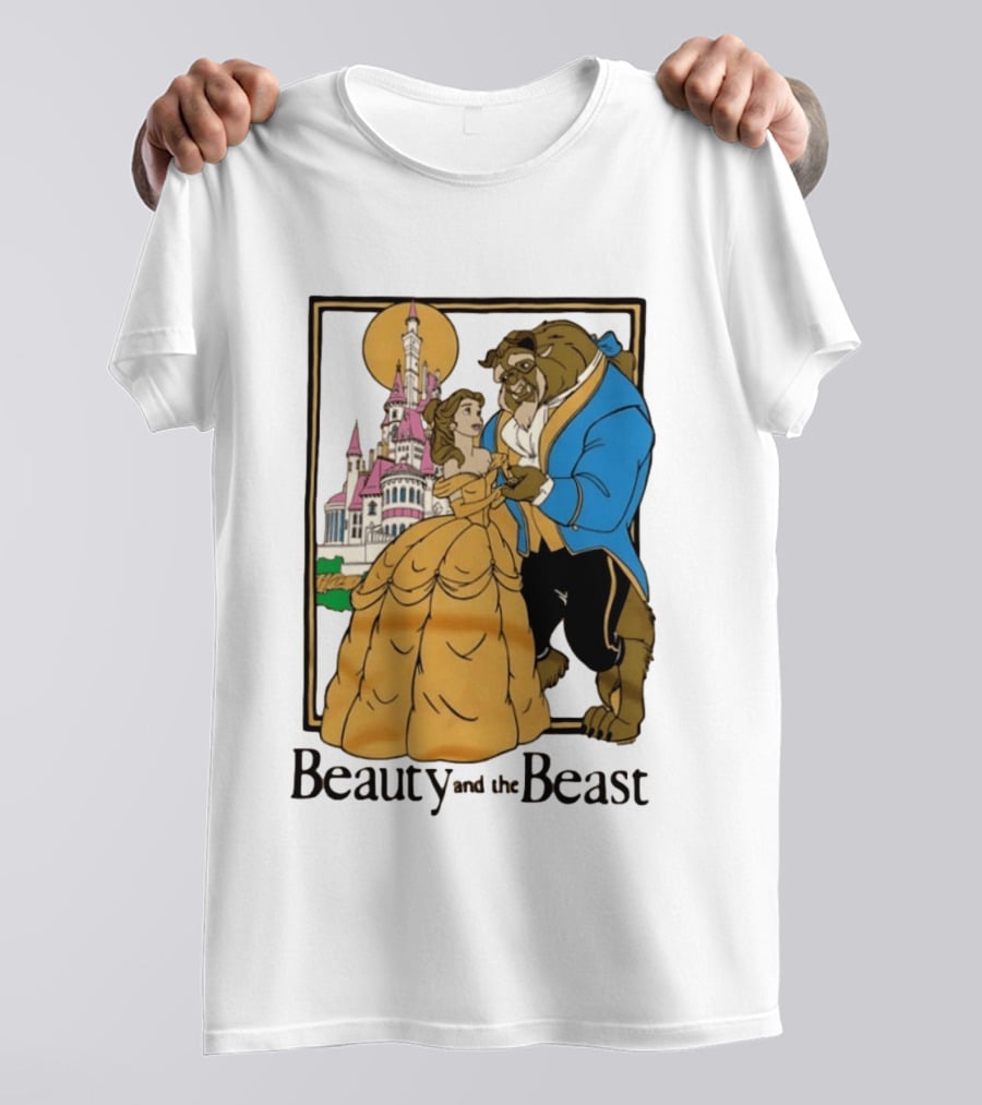 Beauty And The Beast Belle And Beast Dancing In Front Of Castle T-Shirt