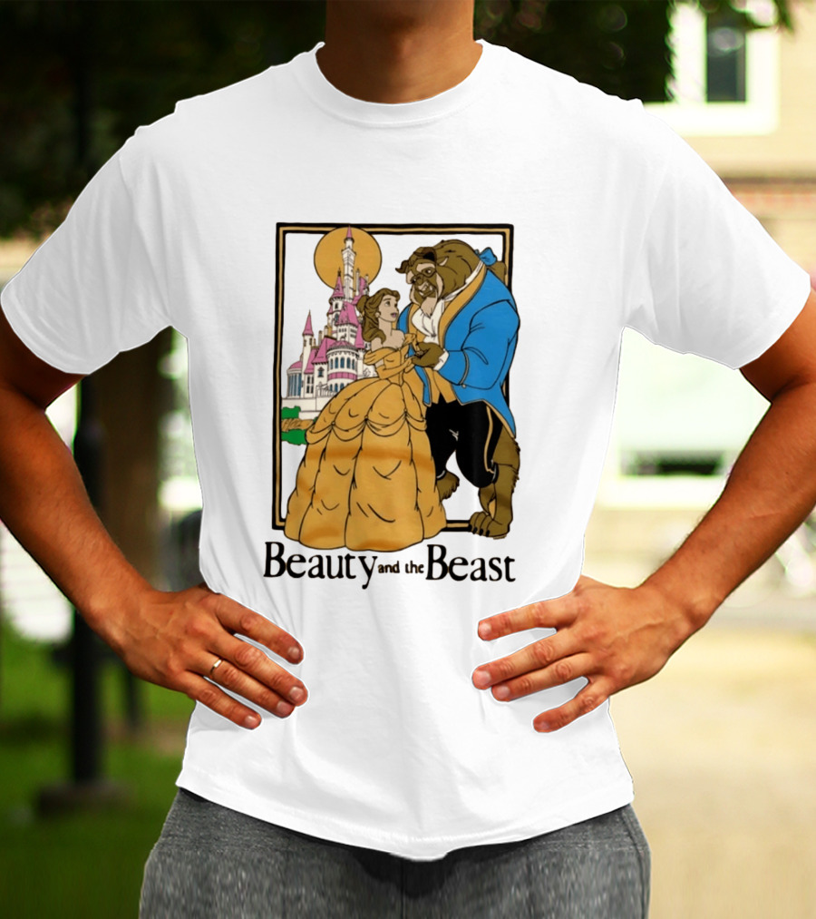 Beauty And The Beast Belle And Beast Dancing In Front Of Castle T-Shirt