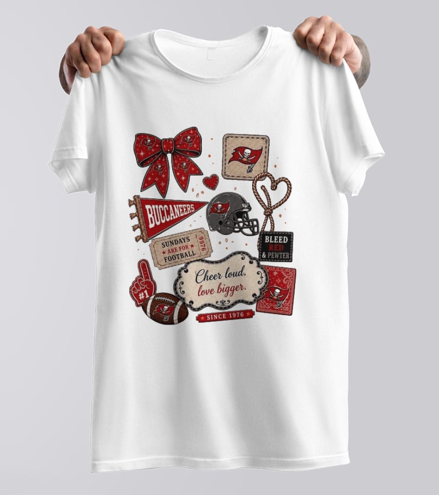 Tampa Bay Buccaneers Mom Red Floral Bow Cheer Loud Love Bigger Football Patch Collage T-Shirt