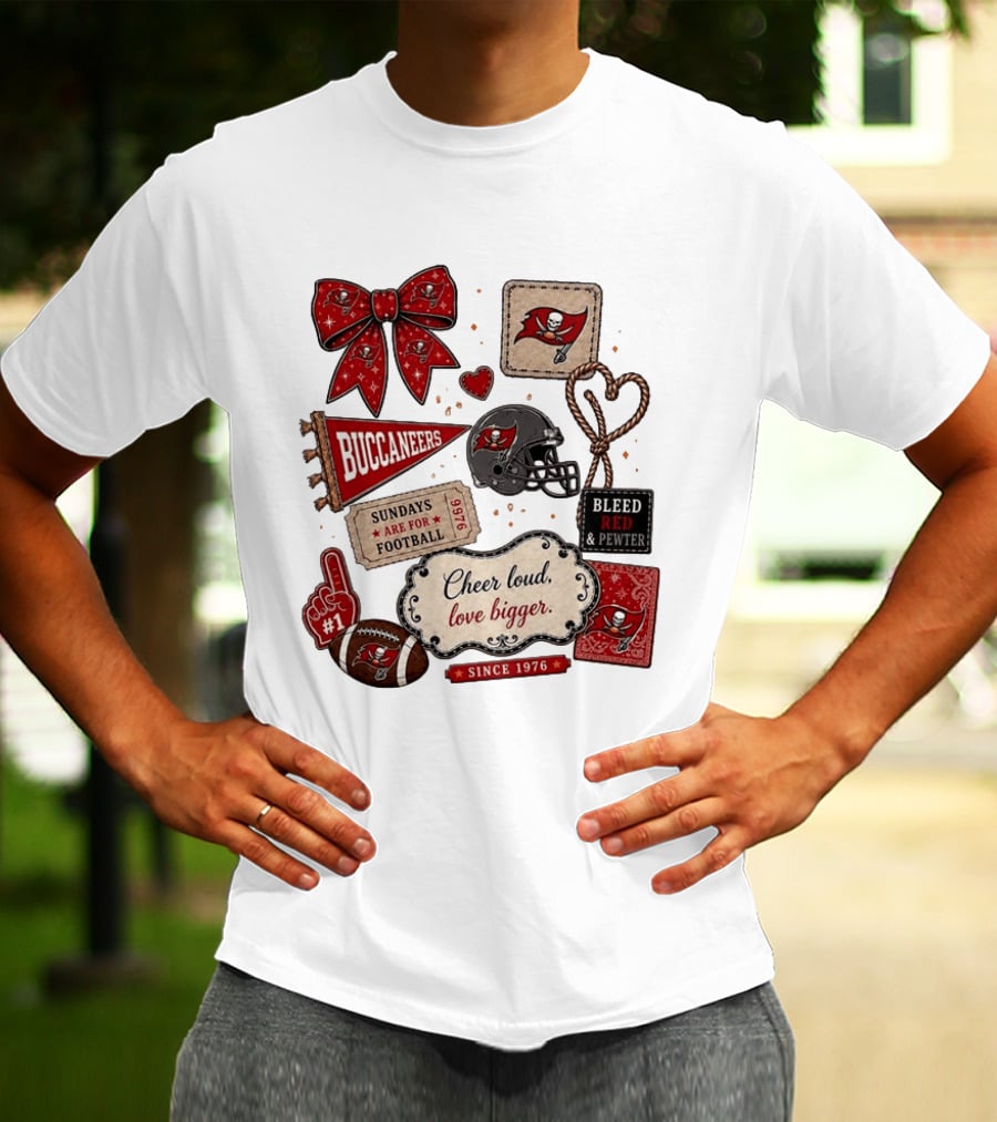 Tampa Bay Buccaneers Mom Red Floral Bow Cheer Loud Love Bigger Football Patch Collage T-Shirt