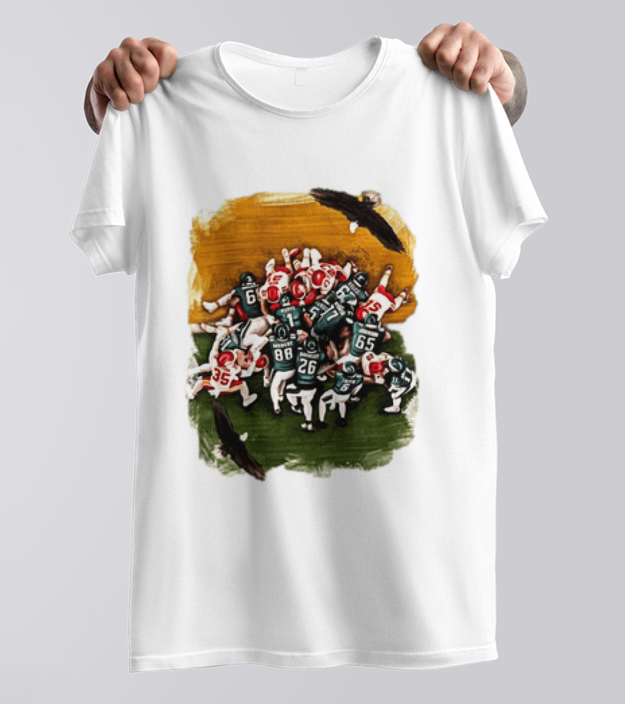 Philadelphia Eagles Tush Push Jalen Hurts Saquon Barkley Jason Kelce Action Play T-Shirt