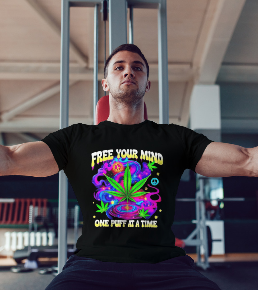 Psychedelic Cannabis Leaf Peace Sign Free Your Mind One Puff At A Time Trippy T-Shirt