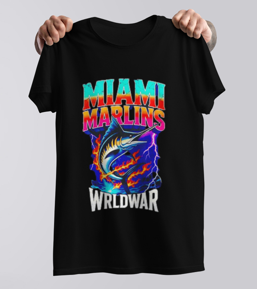 Miami Marlins Wrldwar Lightning Flame Marlin T-Shirt