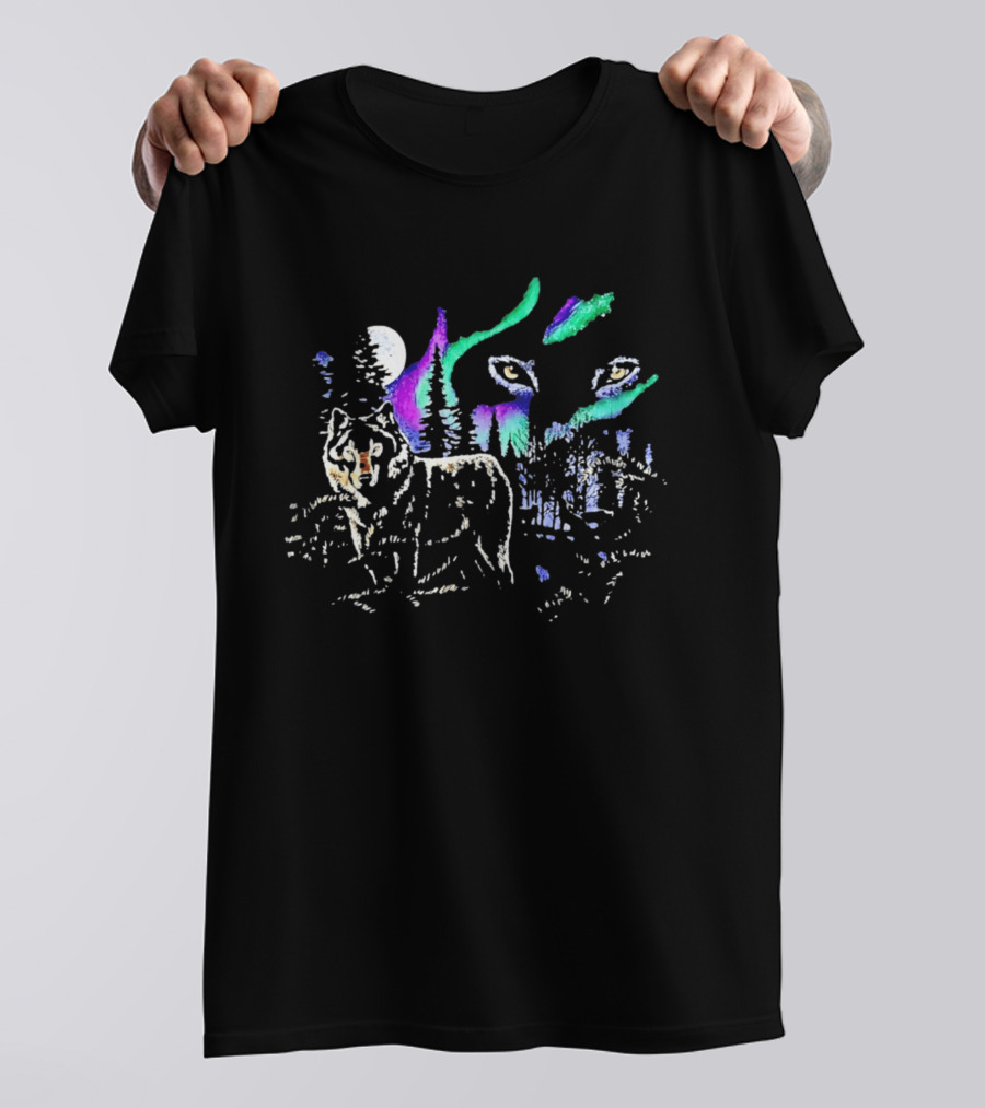 Northern Lights Wolf Under Starry Sky Moonlight Scene T-Shirt