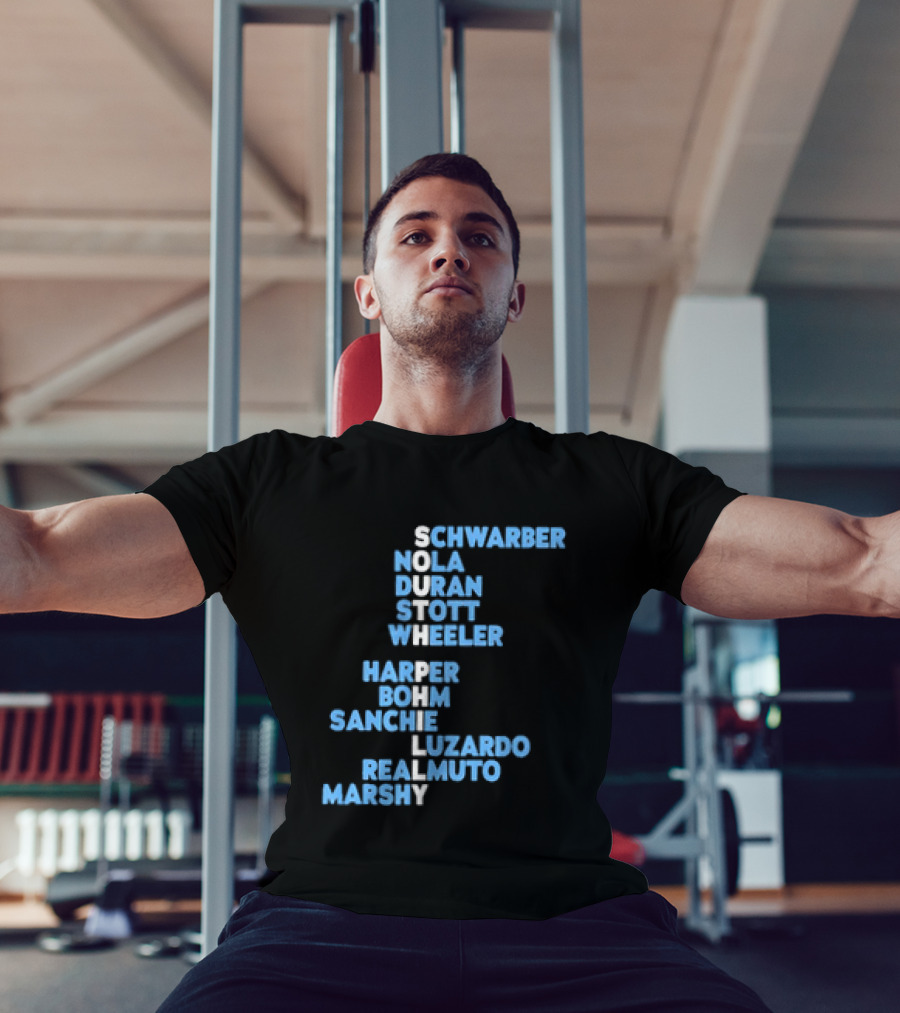 Philadelphia Phillies South Philly Baseball Player Names 2026 Schwaber Nola Duran Stott Wheeler Harper Bohm Sanchez Luzardo Realmuto Marsh T-Shirt