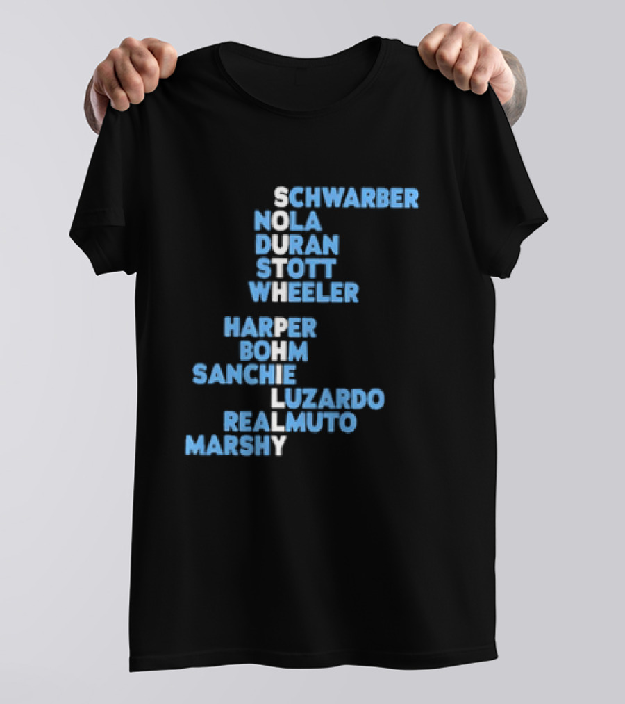 Philadelphia Phillies South Philly Baseball Player Names 2026 Schwaber Nola Duran Stott Wheeler Harper Bohm Sanchez Luzardo Realmuto Marsh T-Shirt