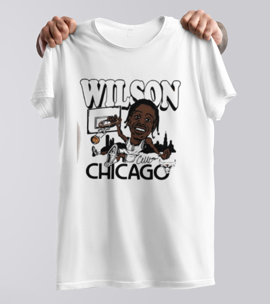 Wilson Dunking Basketball Caricature Chicago Bulls Skyline T-Shirt
