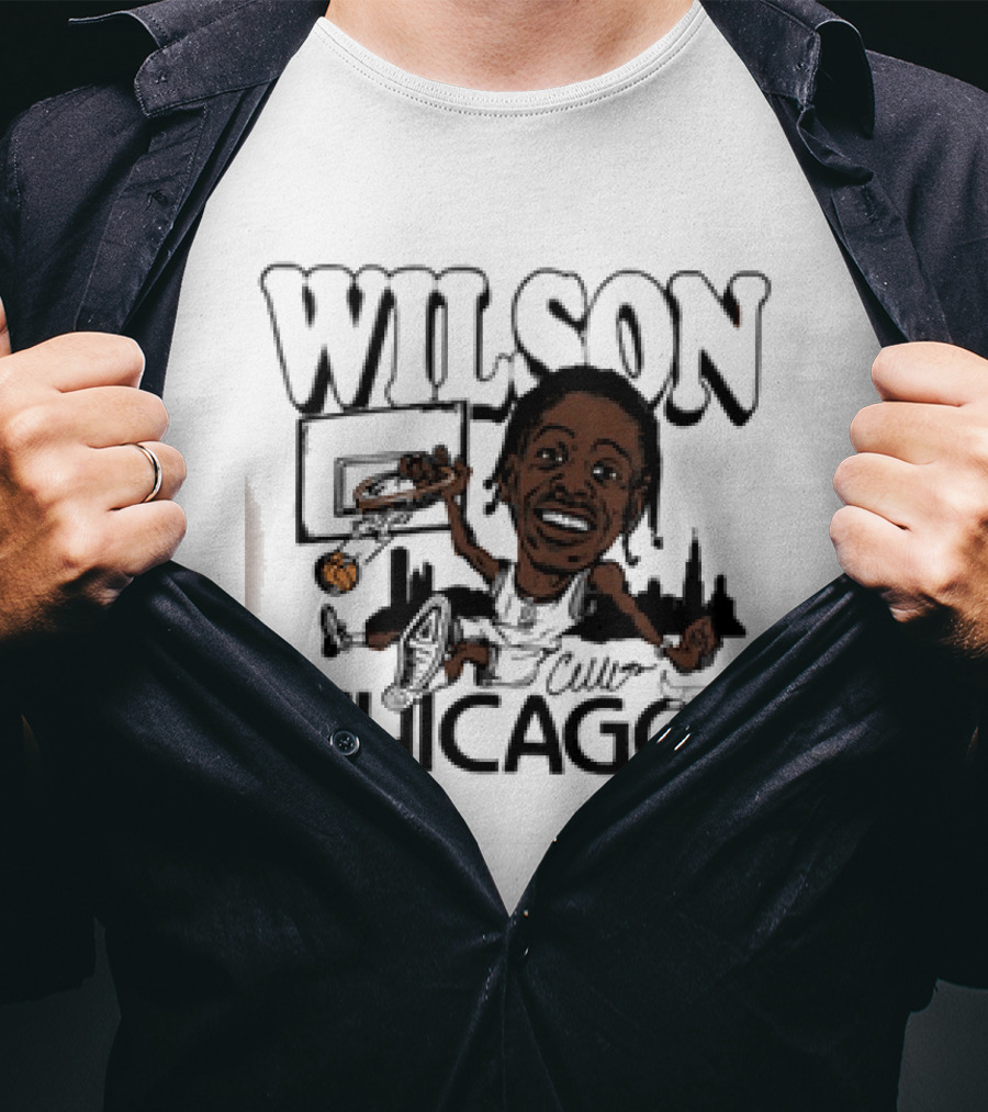 Wilson Dunking Basketball Caricature Chicago Bulls Skyline T-Shirt