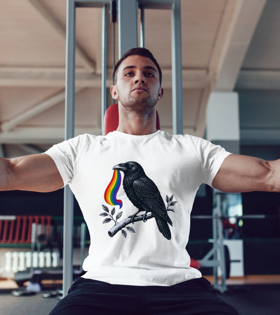 Rainbow Raven Pride Bird Holding Colorful Ribbon On Branch T-Shirt